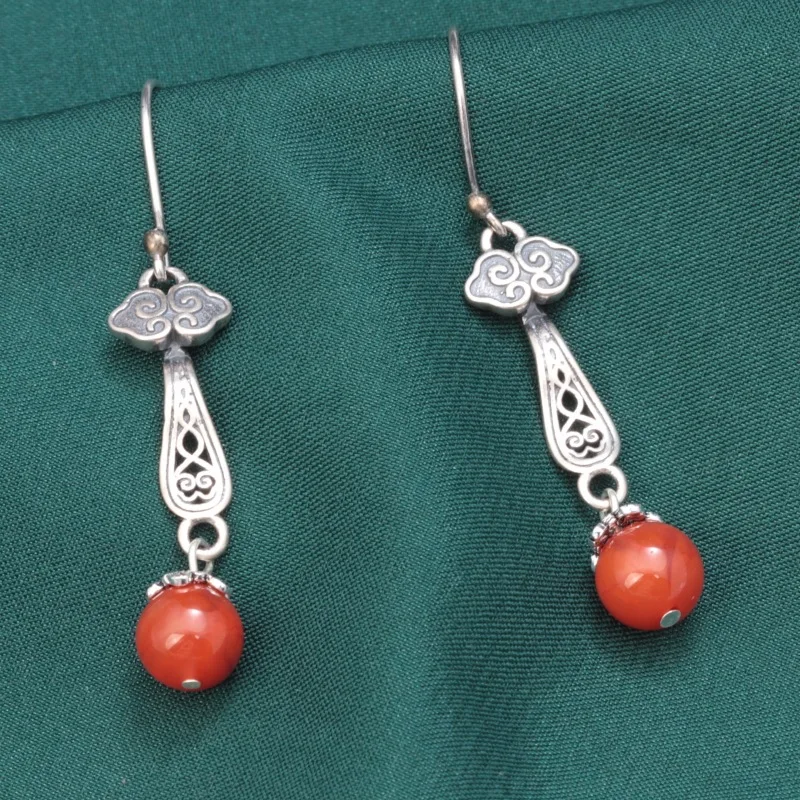 Chinese Style 925 Sterling Silver South Red Agate Round Bead Earrings Retro Ethnic Long Earrings Women Jewelry Wholesale EH230