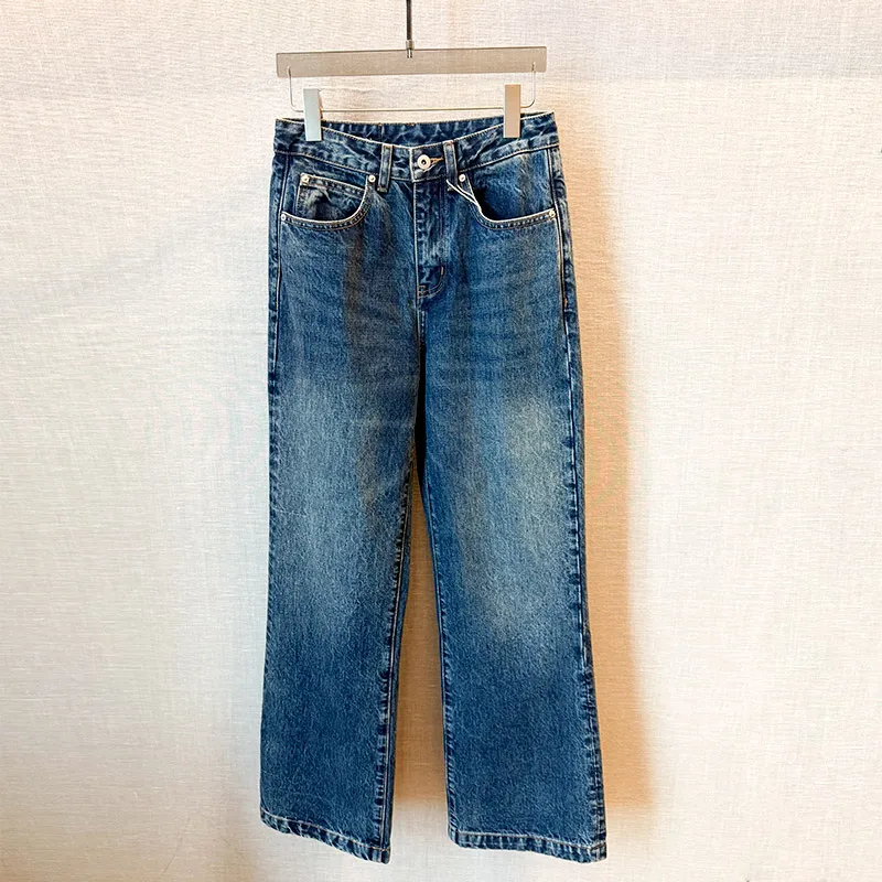 Loose straight-leg slightly pulled jeans, women's trousers, loose high-waisted retro blue washed retro women's jeans