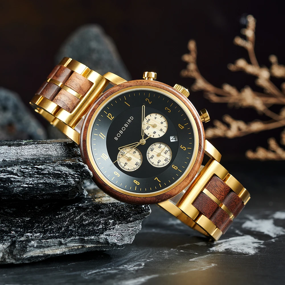 Orologio da uomo in legno di lusso BOBO BIRD Movimento giapponese Nome personalizzato Cassa posteriore Testo Orologio da polso al quarzo Orologio cronografo dorato