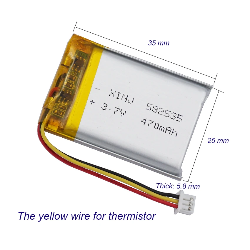 3.7V 470mAh 1.74Wh Li-Polymer Li Battery JST 3pin 1.25mm Connector 582535 For Car Camera Sat Nav Driving Recorder Headphone