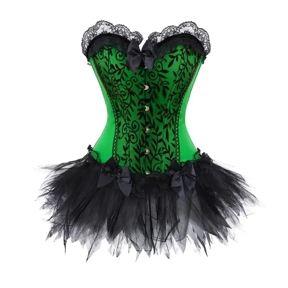 Women Corset Mini Tutu Vintage Style Bustier Gothic Corsage Plus Size Lace Overlay Korsage Dress Carnival Party Night Costumes