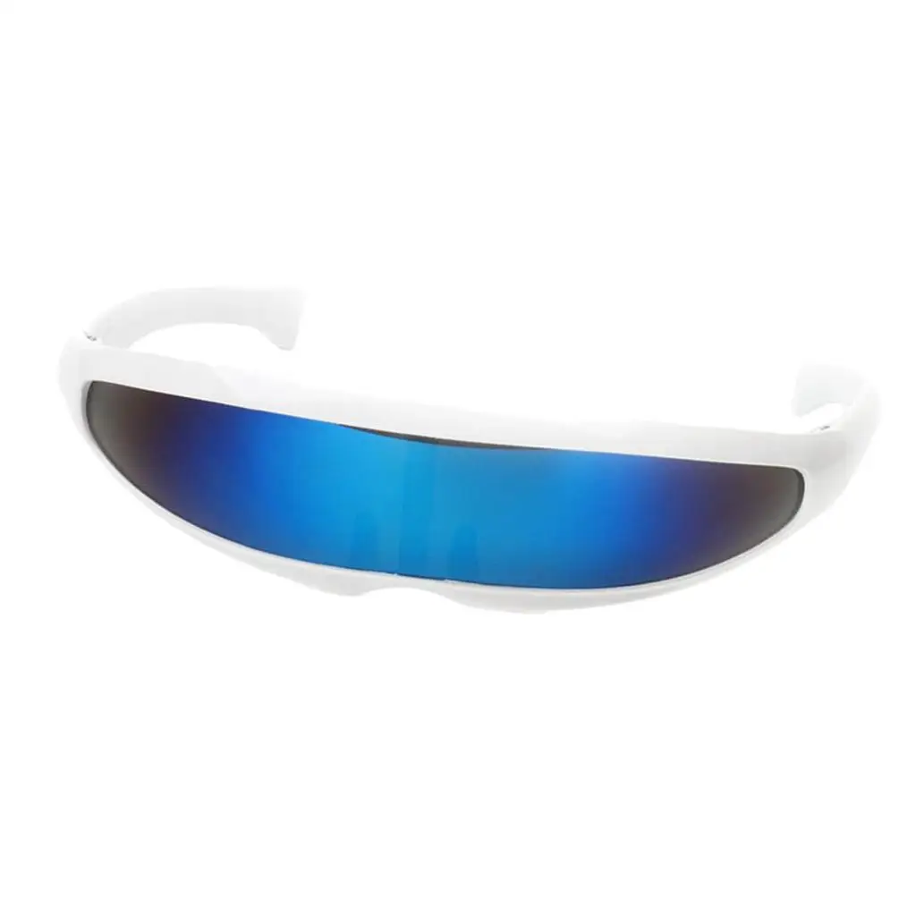 Gespiegelte Single Lens Visier Sonnenbrille Cosplay Brille, weißer Rahmen blau gespiegelt, wie beschrieben