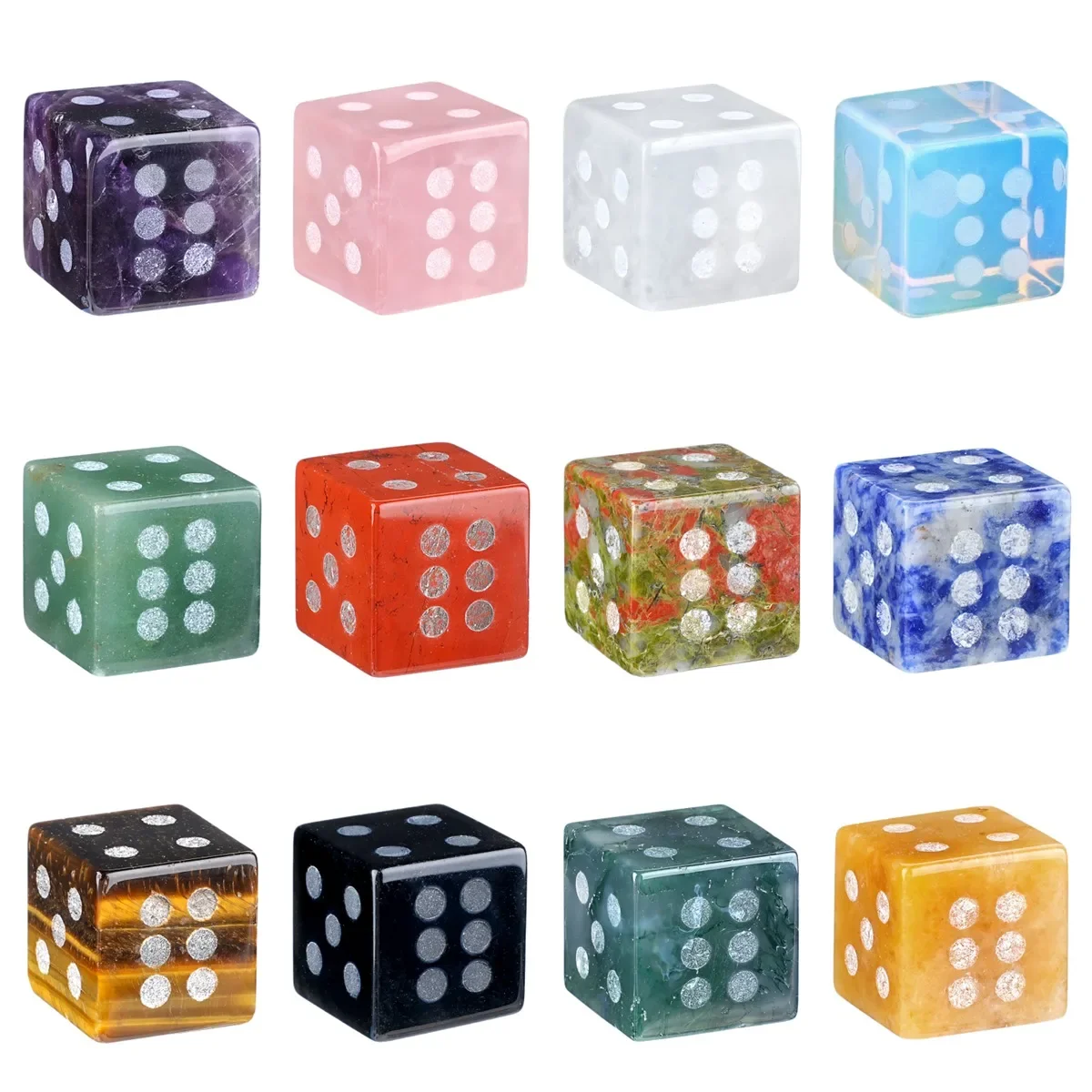 12PCS 16mm Gemstone Dice Silver Spot Pips Hand Carved 6-Sided Crystal Dices for Tabletop Board Game Collection Wholesale