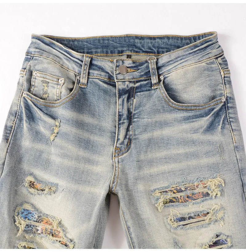 Herren-Jeans mit Riss-Patchwork, Streetwear, Skinny Tapered Hosen, Vintage Stretch-Denim, zerrissene, abgenutzte Hosen – Detail 5