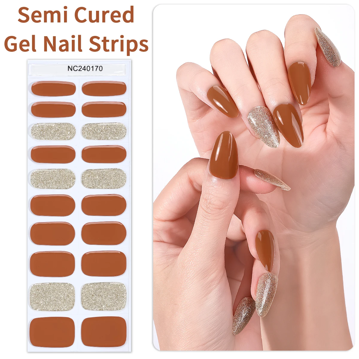 

20Tips Glitter Semi Cured Gel Nail Strips Autumn Winter Gel Nail Stickers Long-Lasting Full Cover Gel Nail Wraps for Manicure