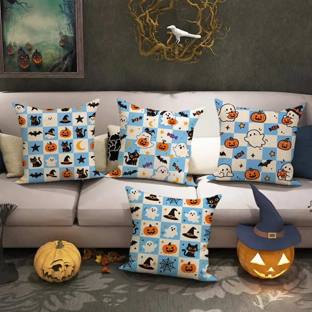 Halloween Checker Cushion Cushion Cover Halloween Rustic Throw Pillow Covers, Cute Ghost Pumpkin Maple Leaf Cushion Covers