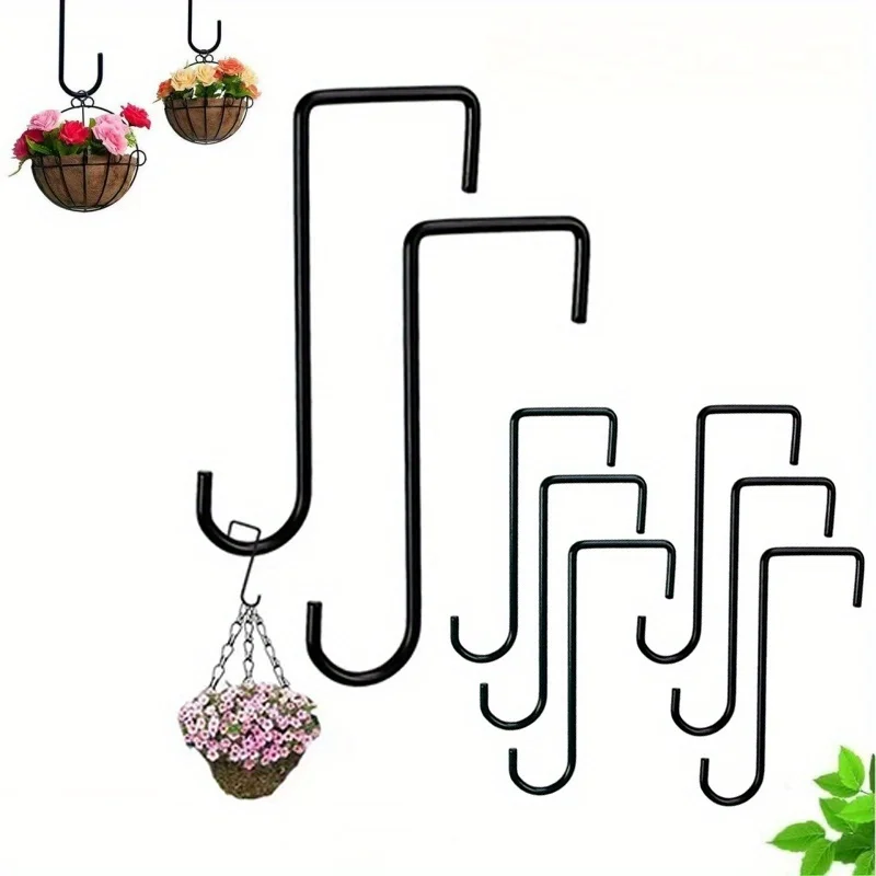 2Pcs Black Fence Hooks, Patio Hooks Powder Coated Steel Fence Hangers for Hanging Plants Planters, Bird Feeder, Pool Equipment