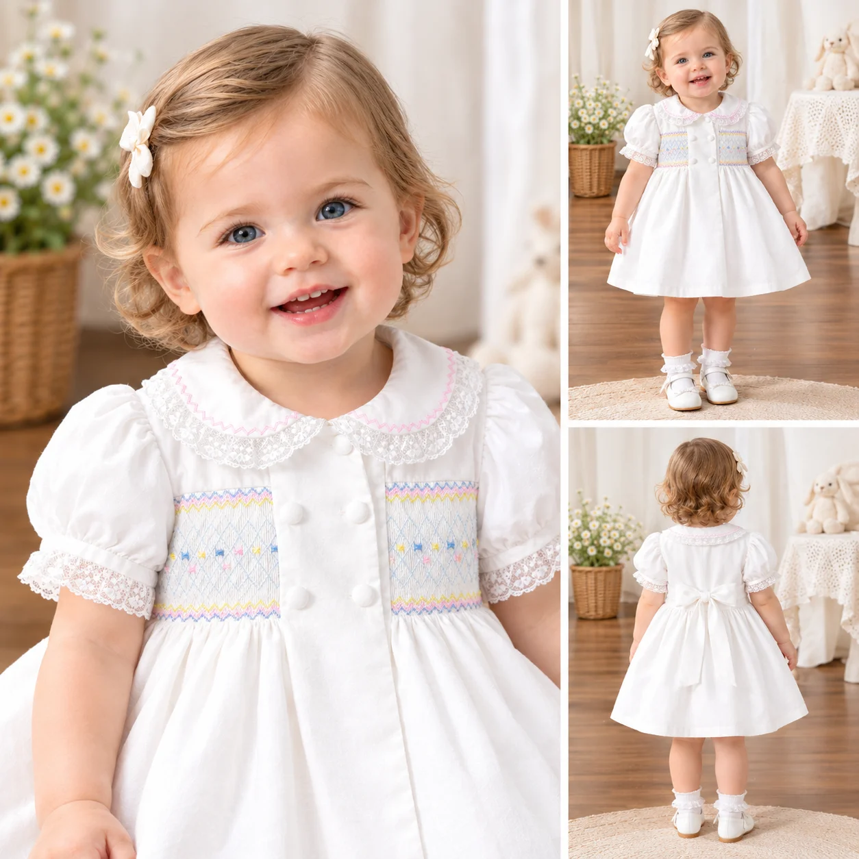 Luxury Baby Girl Hand Smocked Dress Set 6M-3Y Elegant Peter Pan Collar Short Sleeve Dress + Bloomer Shorts Vintage Princess Gown