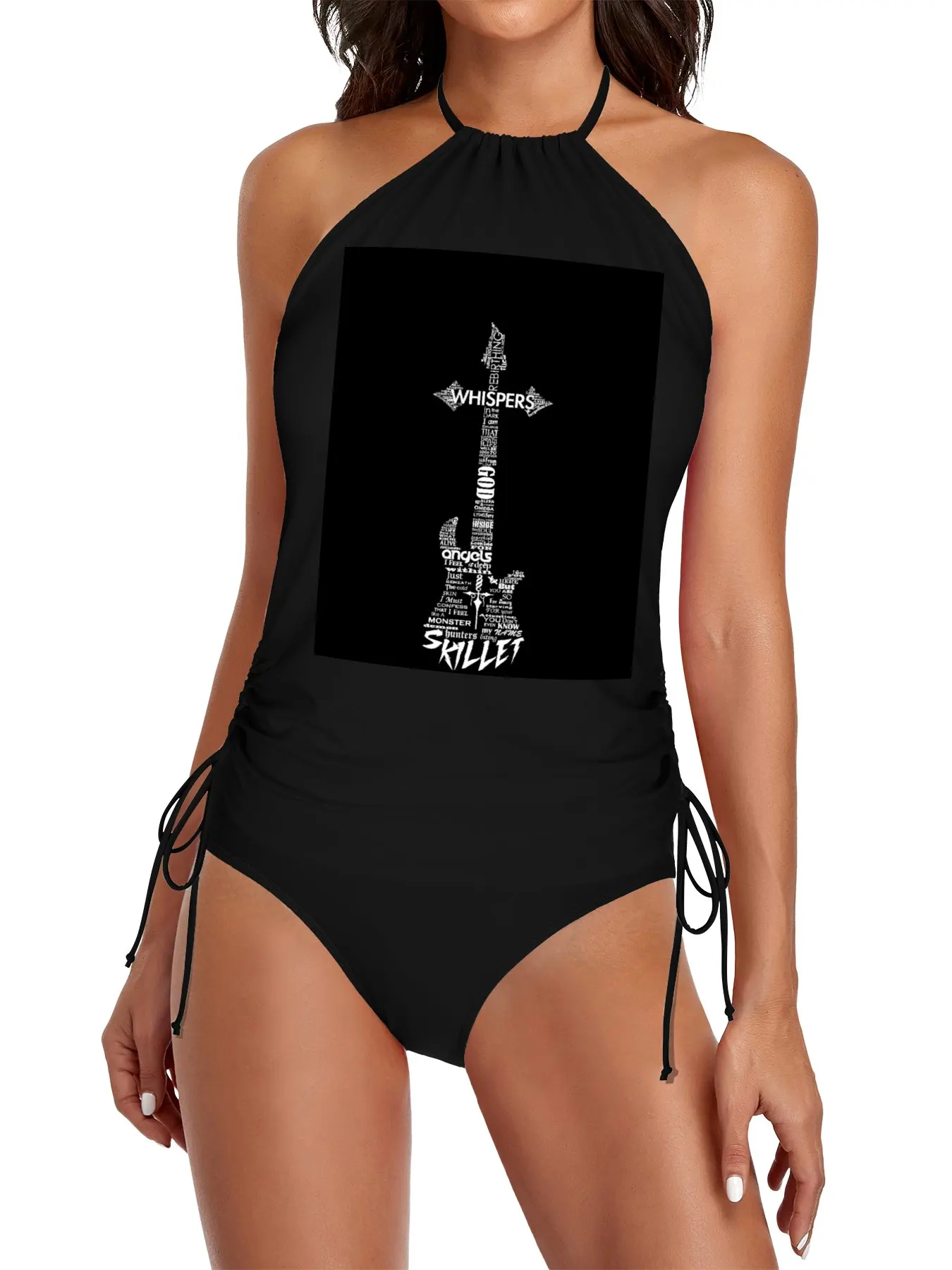 

Skillet Guitar Typography on Black Split Swimsuit Set Summer sets woman Bikini for women womens beach wears