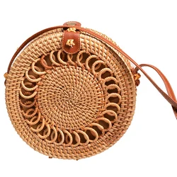 Handmade Woven Rattan Bag Women Straw Bag Bamboo Circular Beach Bags Summer Bali Bohemian Knitting Shoulder Bags