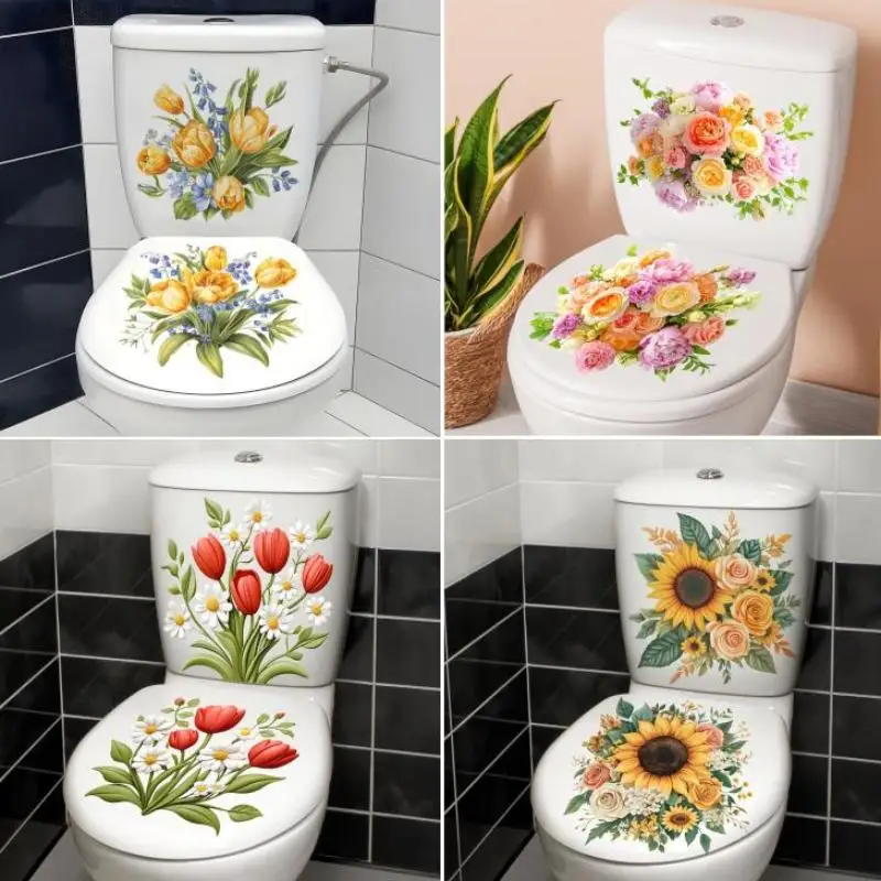 Artistic Colorful Floral Toilet Stickers, Self-Adhesive Removable Toilet Lid Decals For Bathroom Decoration