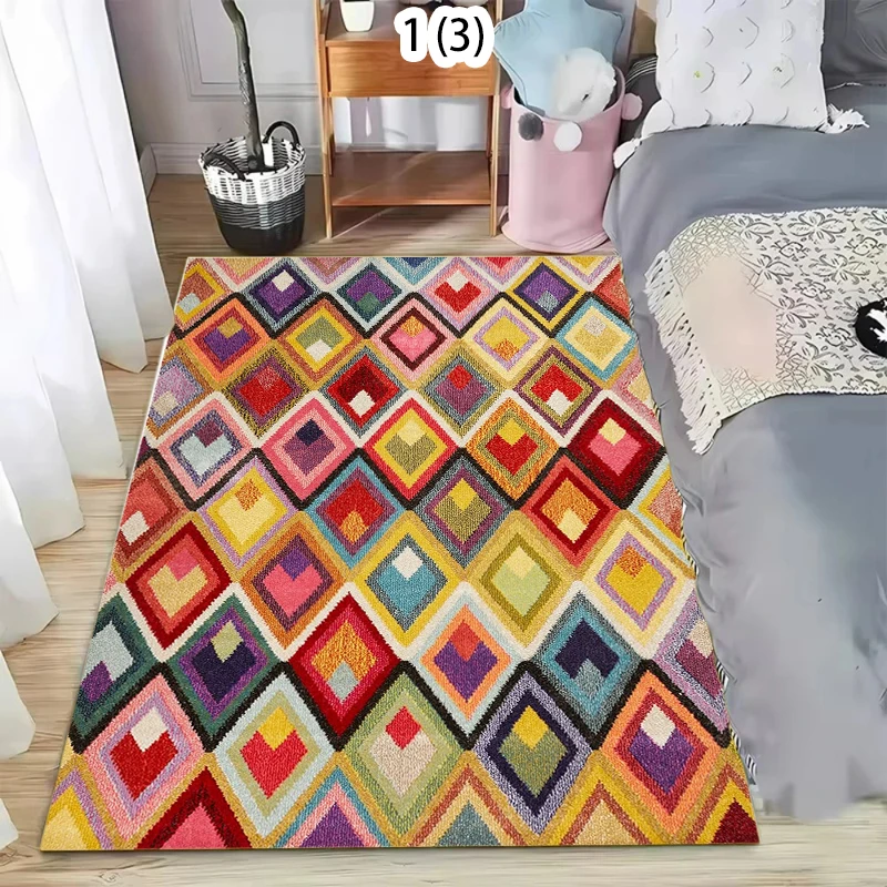 Boho Area Rug Rainbow Diamond Geometric Carpet Colorful Tribal Pattern Non Slip Floor Rug for Bedroom Living Room Kidsroom Retro