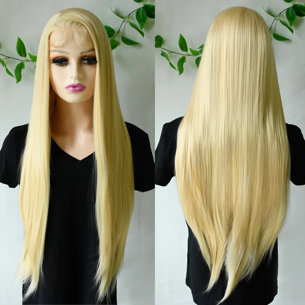 

13X4 Blonde Synthetic Lace Frontal Wig Long Straight Blonde Lace Front Synthetic Wig Pre Plucked Natural Hairline Glueless