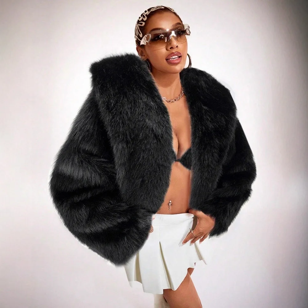 Women Faux Fur Coat Solid Jacket Hooded Long Sleeve Open Stitch Loose Fit Thick Warm Fur Office Lady Casual 2025 Autumn Winter