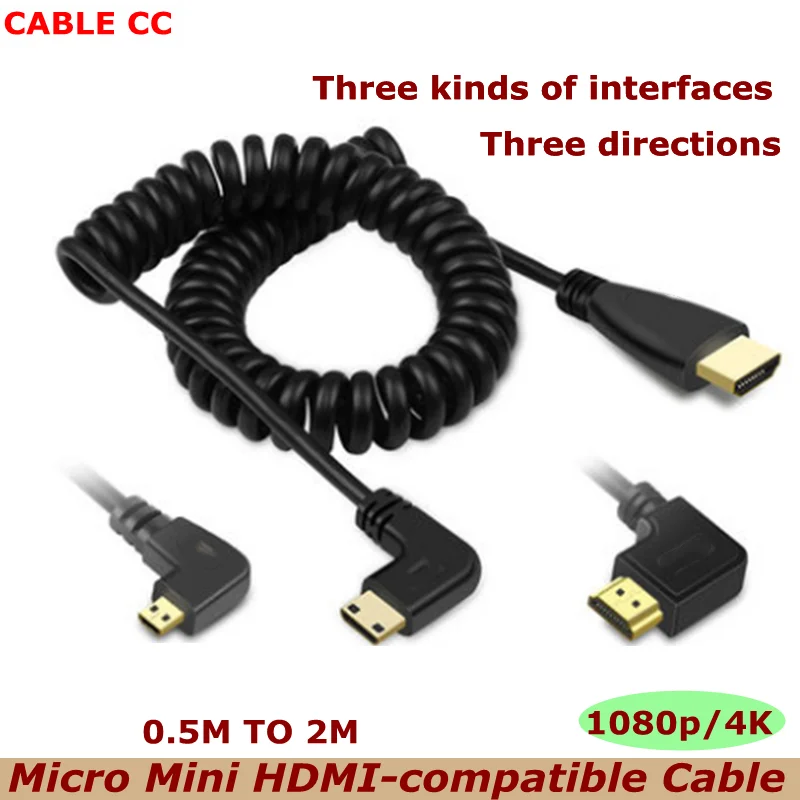 2m HDMI-compatible to Right & Left Angle Mini Micro HDMI-compatible male to male Stretch Spring Curl Flexible Cable V1.4 DSLR