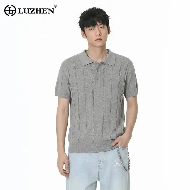 LUZHEN 2026 Summer High Quality Solid Color Stripe Textured Elastic Waist Lapel Knitted Short Sleeve Pullover Men's Tops JY7271