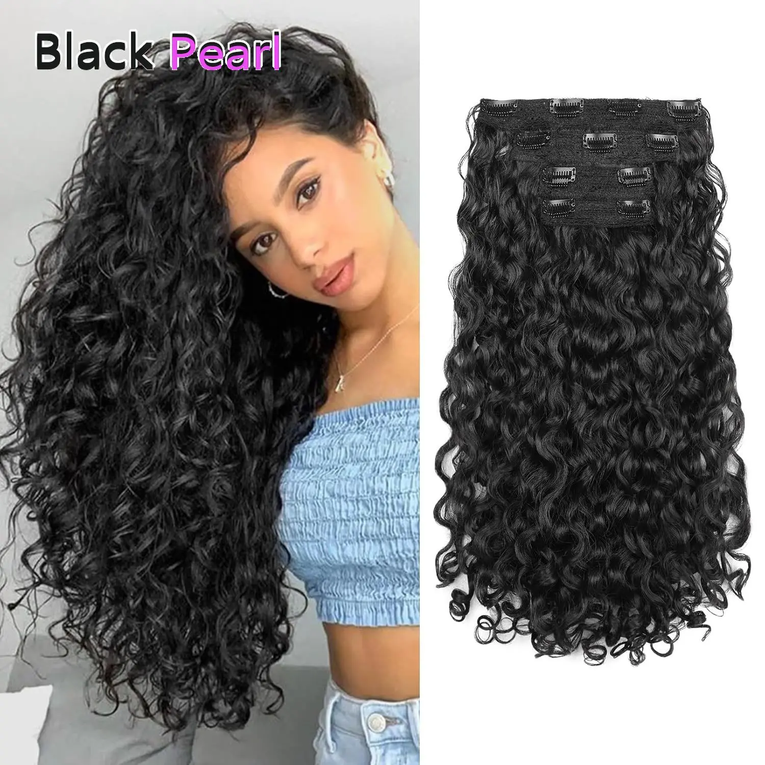 

Black Pearl Water Wave Hair Extensions 7PCS Curly Clip in Hair Extensions Soft Natural Look for Women Natural Black 150g/set
