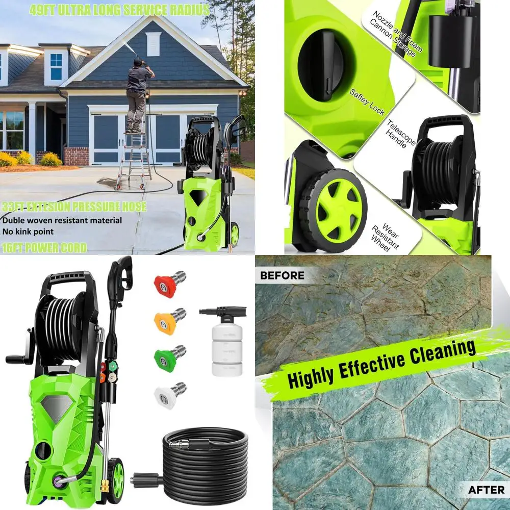 

Мойка высокого давления 5000 PSI с 10-метровым шлангом, 4 насадками и пенной насадкой для чистки автомобилей, патио и подъездных дорожек (зеленая)