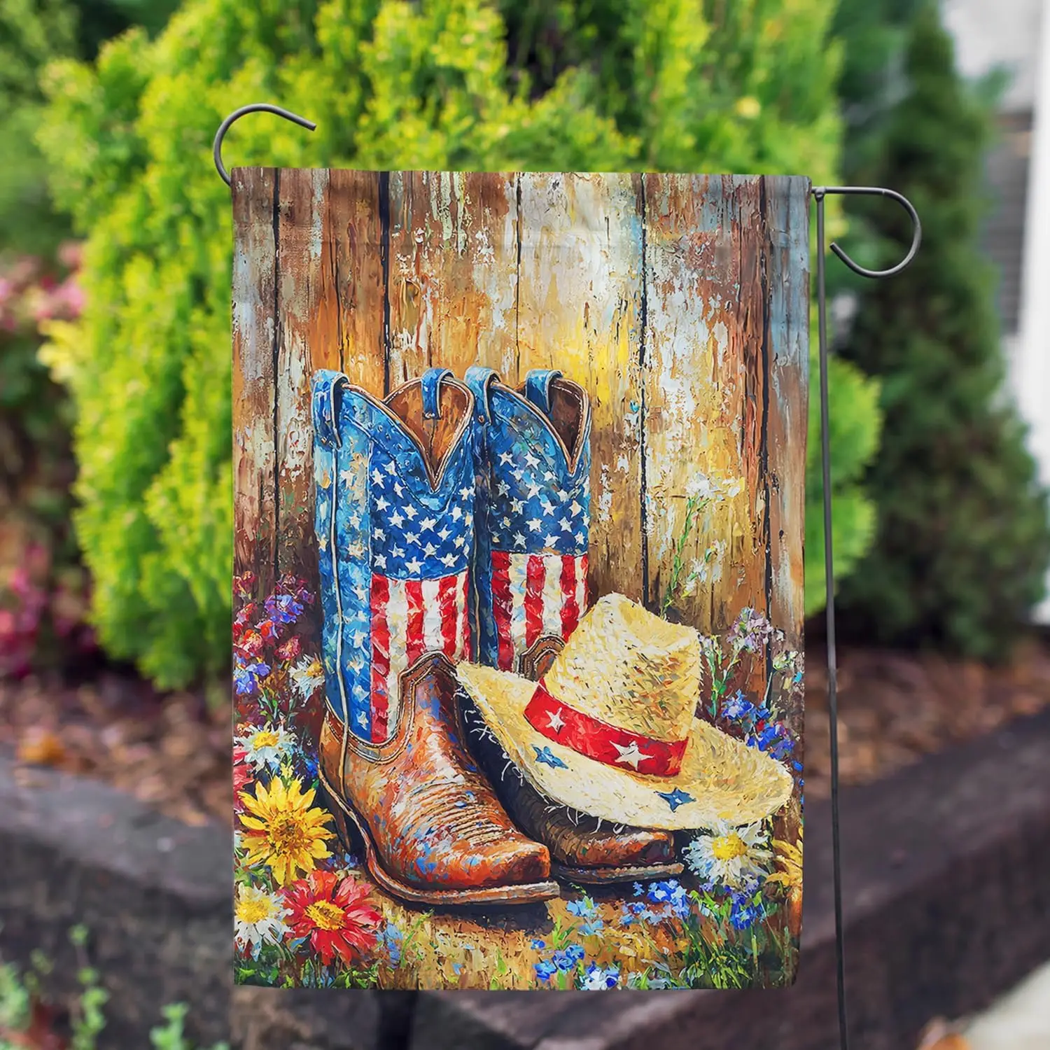America Forever Patriotic Western Boots Garden Flag, 12.5 x 18 inch Double Sided, Cowboy Boots Hat with Sunflowers, Oil Pain IIC