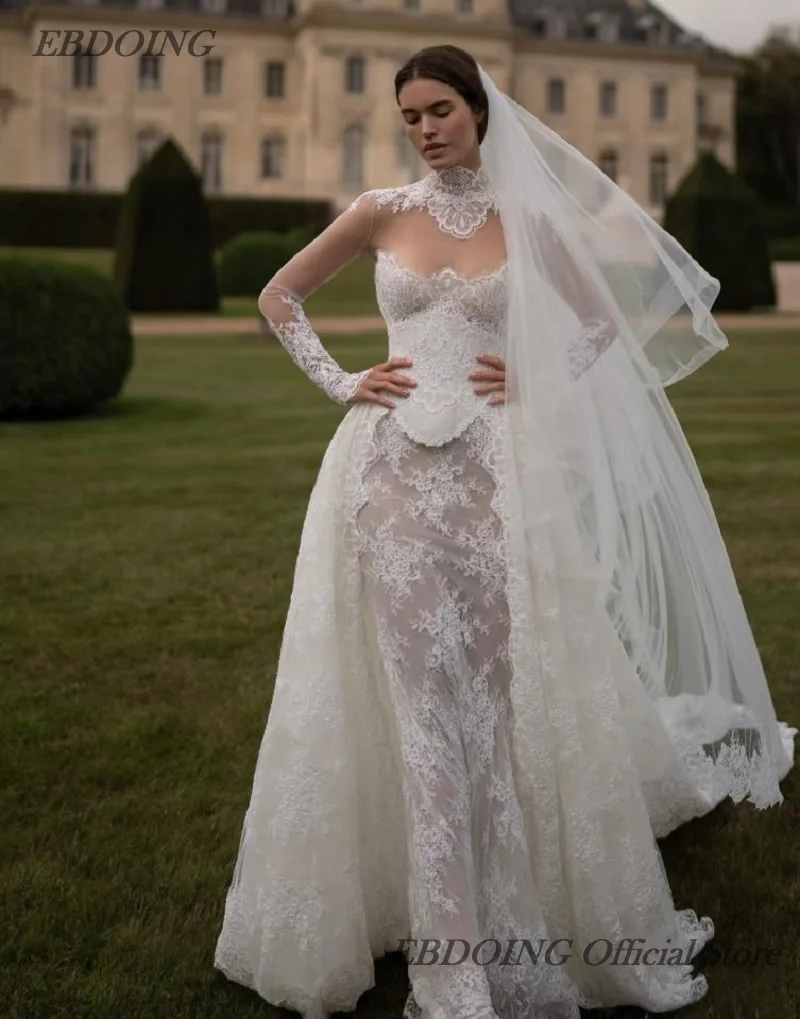 EBDOING فستان الزفاف حورية البحر الدانتيل 2 في 1 س الرقبة العنق كامل الأكمام ثوب العروس مخصص