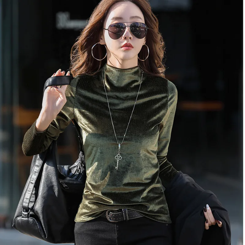 #0325 Black Green Brown Velour T Shirt Women Warm Turtleneck T Shirt Long Sleeve Slim Korean Fashion Women\'s Tee Shirt Winter