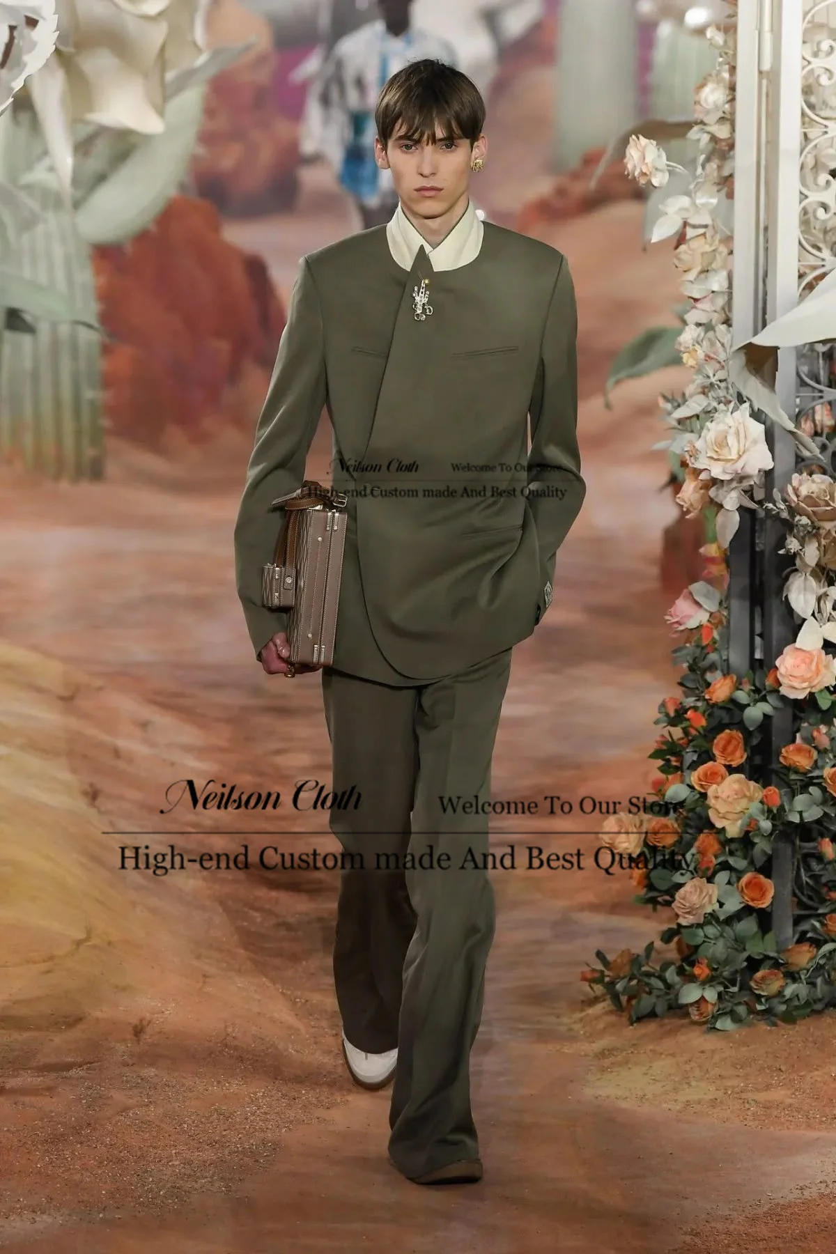 Fashion Army Green Male Prom Blazers 2 Pcs Sets Stand Collar Groom Wedding Tuxedos Single Breasted Customized Terno Masculino