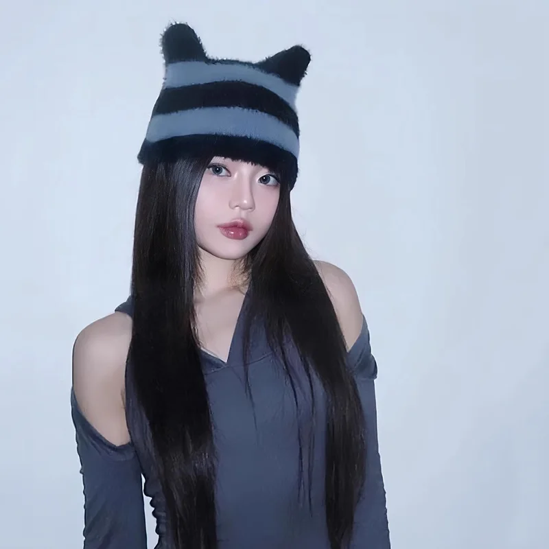 AutumnWinter 2024 Cute Cat's ears Style Hat Female Fashion ins Stripe Plush Knit Hat Wool Hat