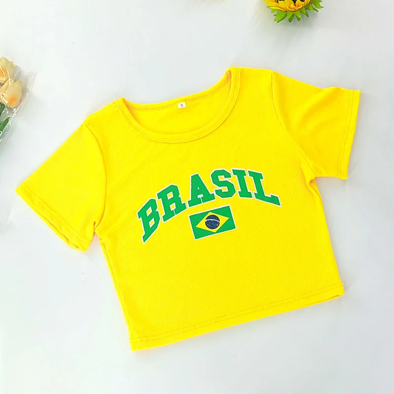 Y2k Brazil Alphabet Print Summer Women Crop Top T-shirts Harajuku Streetwear High Street O Neck Short Sleeve Aesthetics Baby Tee