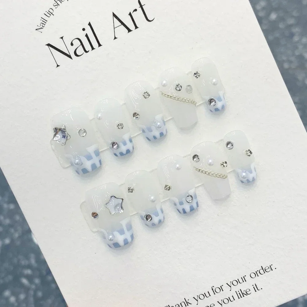 

Handmade Blue Partysu Nails Set Press on Korean Acrylic Artifical Nails with Glue Reusable Adhesive False Nails with Rhinestone