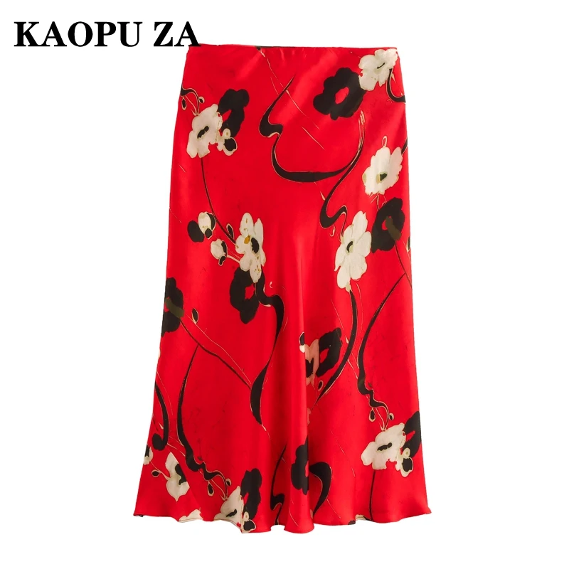 

KAOPU ZA 2024 New Summer Women's Chic Printed Midi Skirt Ladies High Waist Pleated Satin Long Skirt Fashion Draped Party Wear