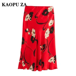 KAOPU ZA 2024 New Summer Women's Chic Printed Midi Skirt Ladies High Waist Pleated Satin Long Skirt Fashion Draped Party Wear