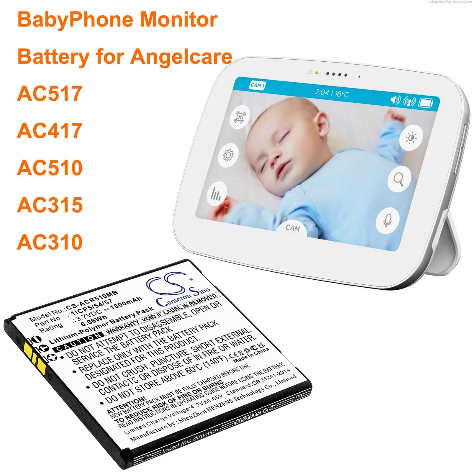 Cameron Sino 3,7 V 1800 mAh BabyPhone-Akku 1ICP5/54/57 für Angelcare AC517, AC417, AC510, AC315, AC310