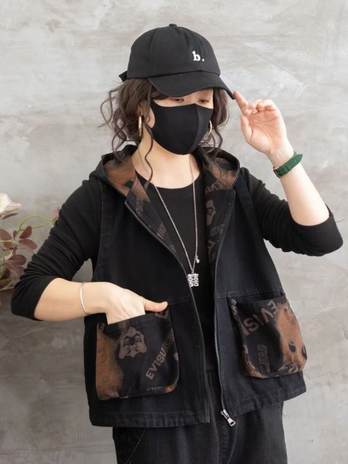 

Loose Printed Denim Jaet Women's Casual Vest Coat Hooded Zipper Closure Cotton Lined Commuter Sle Faion Outerwear