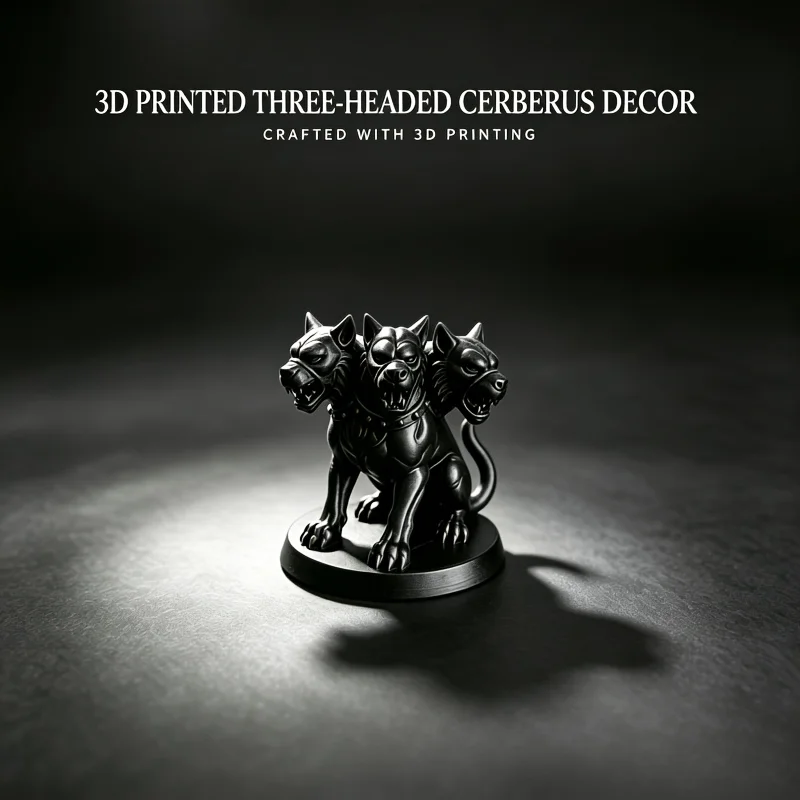 3D Printed Three‑Headed Hellhound Ornament Statue, Gothic Black Greek Mythology Sculpture, Dark Aesthetic Home Desktop Halloween
