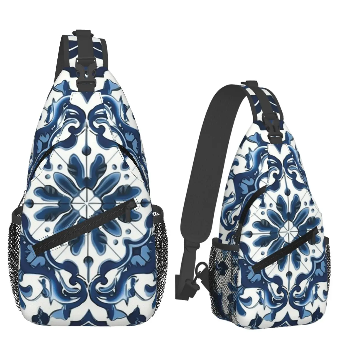 Blue And White Majolica Pattern Chest Bag Men Sling Crossbody Backpack Chest Bag Travel Hiking Daypack Shoulder Bag