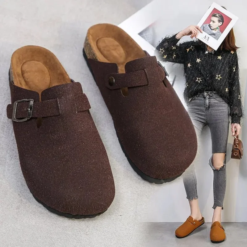 Fashion Women's Suede Mules Slippers Men Clogs Cork Insole Sandals With Arch Support Outdoor Beach Slides Home Shoes