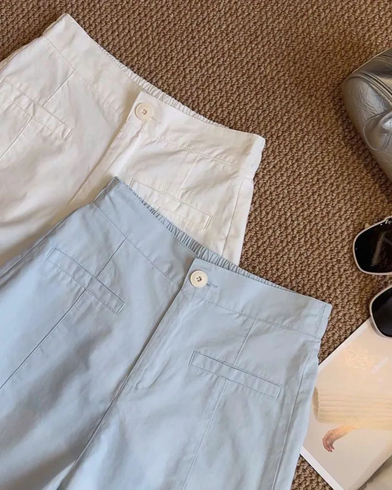 2025 Pantaloncini nuovo stile in cotone lavato Pantaloni a gamba larga a trapezio comodi ed eleganti per l'estate con design a vita alta