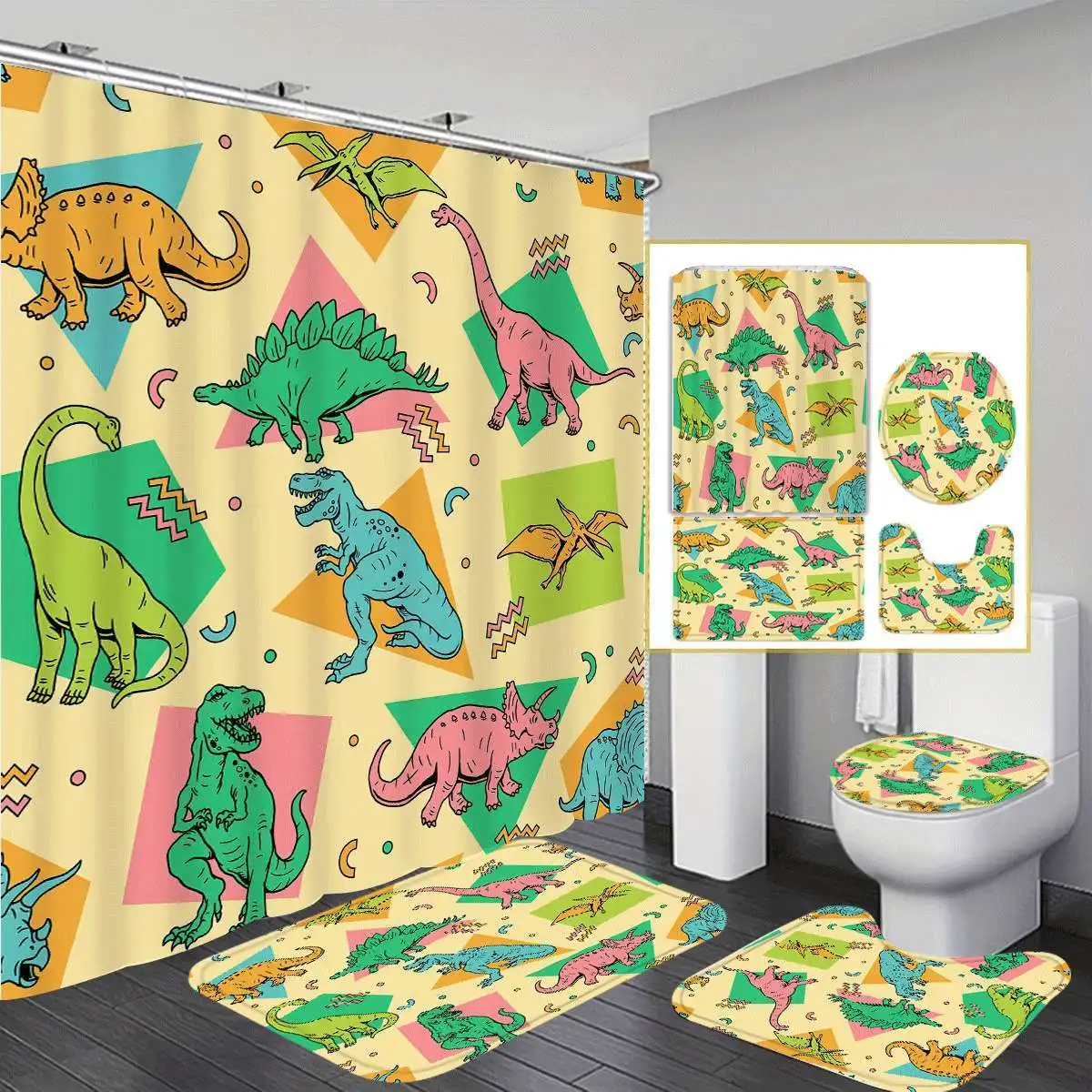 

Dinosaur 4pcs Winter Decorative Shower Curtain Set with 12 Hooks, High Quality Shower Curtain, Toilet Seat Cover, U-Shaped Rug