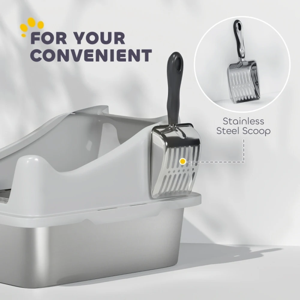 PINGGO Stainless Steel Cat Litter Box with High Sides, Metal Scoop, 43 X 33 X 25 cm, Simple, Comfortable, and Hygienic