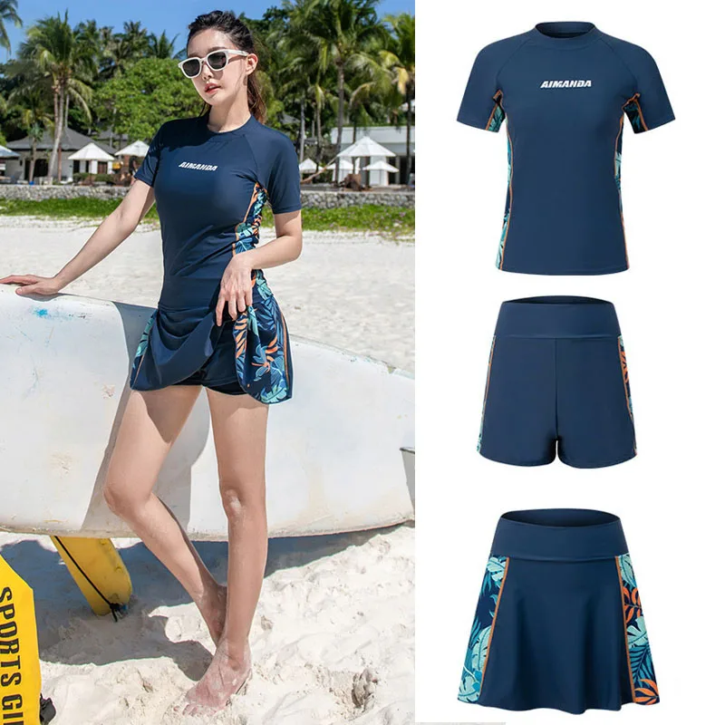 

Women's 3 Piece Rash Guard Built-in Bra Short Sleeve UV Sun Protection Swimsuit Zip up Swim Top Bottom Shirt Modest Swimdress