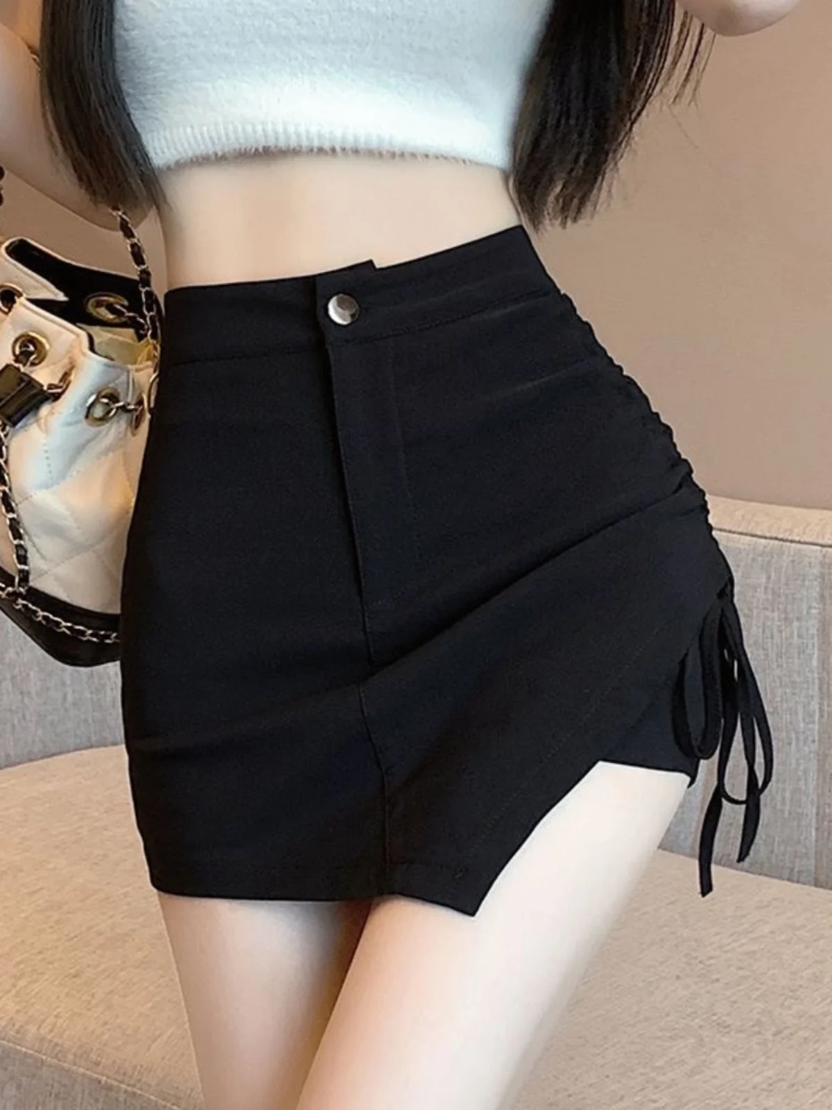 High Waist A-line Skirt Suit Bla Asymmetrical Korean Sle Women's Summer Slimming Sexy Ort Skirt Pants