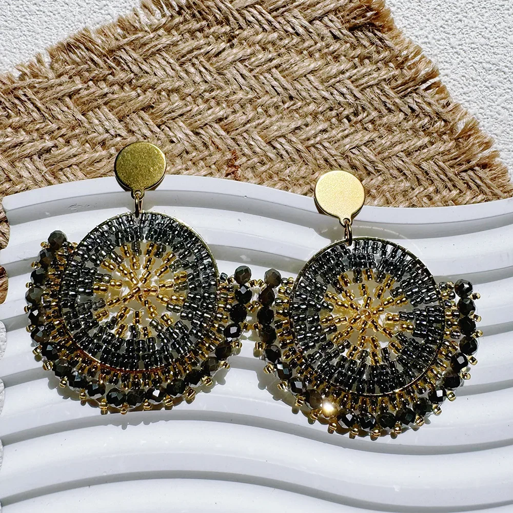 Серьги из бисера ручной работы 2025, круглые серьги с кристаллами в стиле ретро, богемное ручное плетение, креативные серьги из бисера для женщин