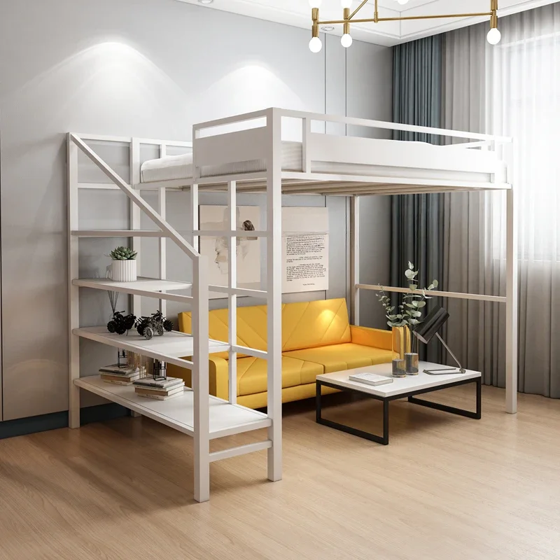 Single upper level elevated Small apartment upper lower bunk simple wrought iron bed lower table loft bed Double iron frame bed