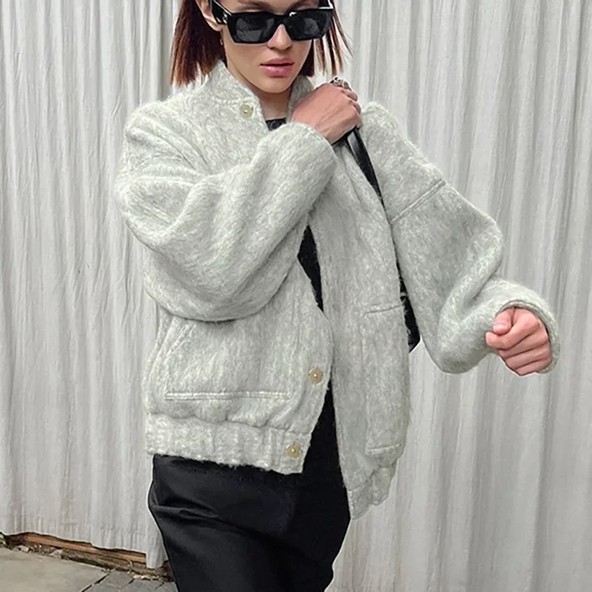 A Factory Outlet Fashion Korean Oversize Bomber Jacket Women Streetwear Zipper Baseball Gray Single-Breasted Outwear Coat