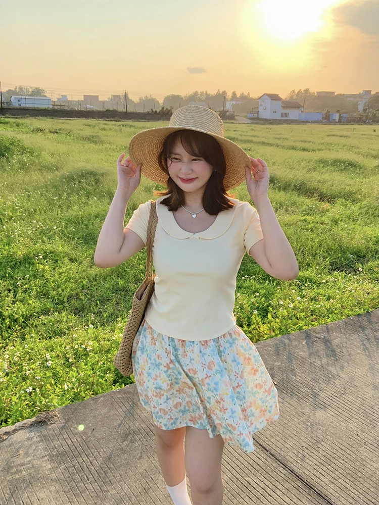 

Женская летняя футболка в корейском стиле Sweet Girl с воротником-куклой и узлом, большие размеры, удобная, из мягкого хлопка