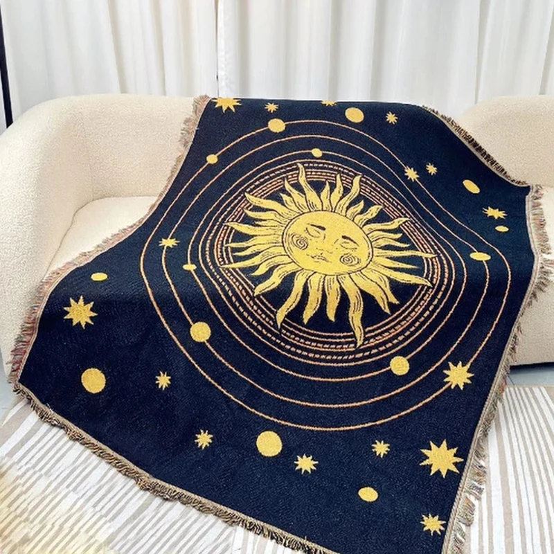 Vintage Jacquard Woven Sum God Sofa Throw Blanket Universal Sofa Cover Nordic Star Thread Aesthetics Tapestry Leisure Bedspread