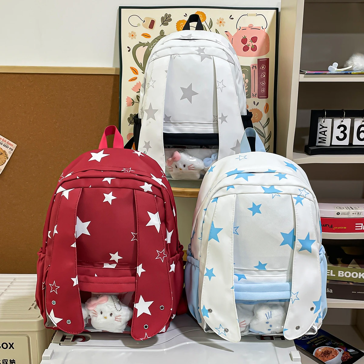 

Cute Rabbit Ear Transparent School Bag Women's Fashionable Double Shoulder Bag for High School College Students Ins New Style