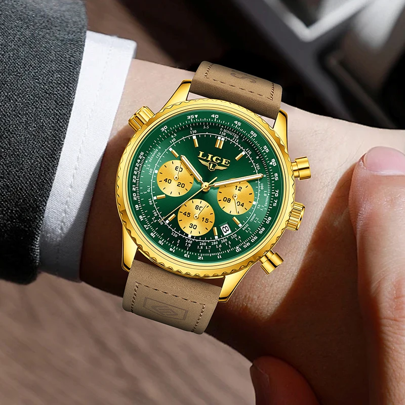 LIGE Men Watch Fashion Top Brand Luxury Leather Watch For Men Outdoor Sports Waterproof Luminous Quartz Chronograph Reloj Hombre