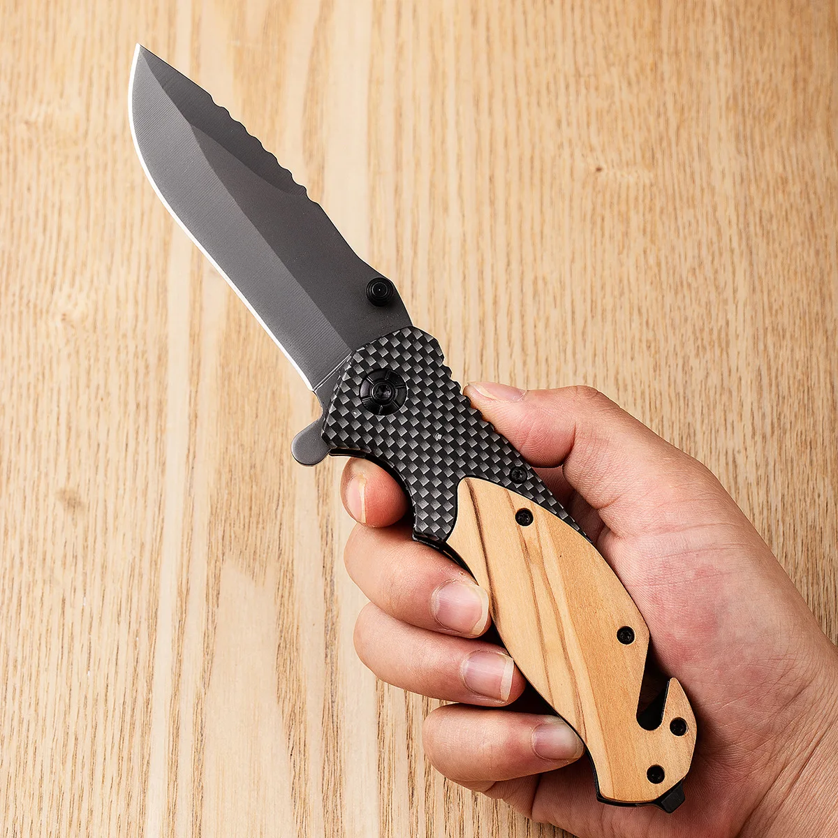 Steel Outdoors Folding Knife for Men High Hardness Self Defense Survival Military Tactical Pocket Knives Wooden Knife Handle