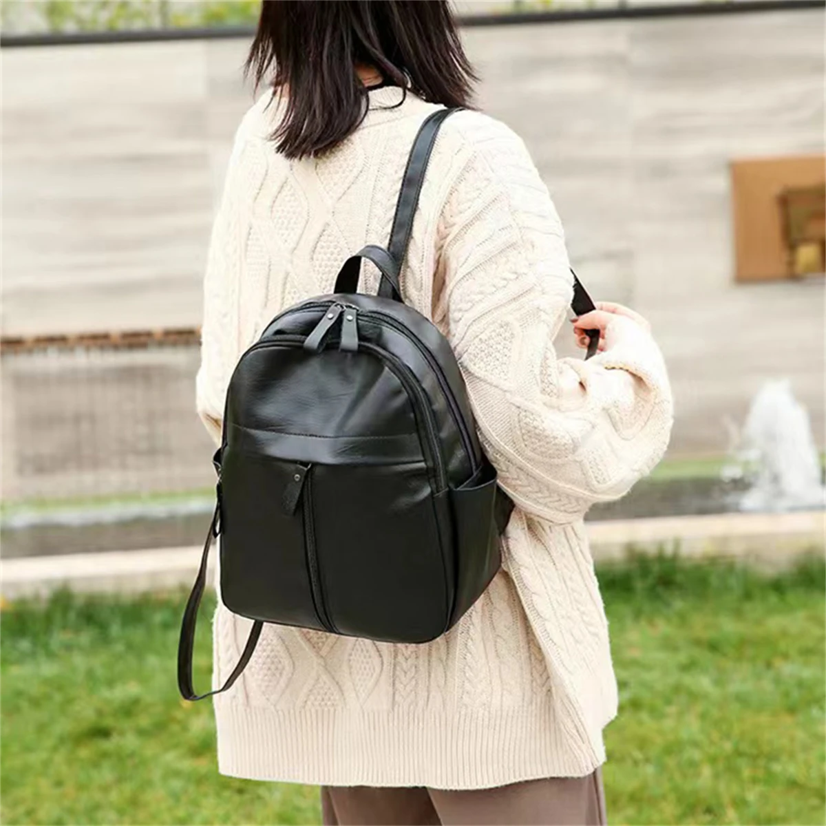 Backpack Korean Fashion PU Soft Leather Trendy Bag Simple Black Casual Backpack Women\'s Single Shoulder Cross Shoulder Bag-LJX